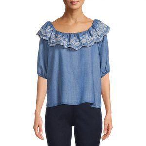 Time And Tru Women's Chambray Embroidered Ruffle Top Size Medium 8/10 NWT